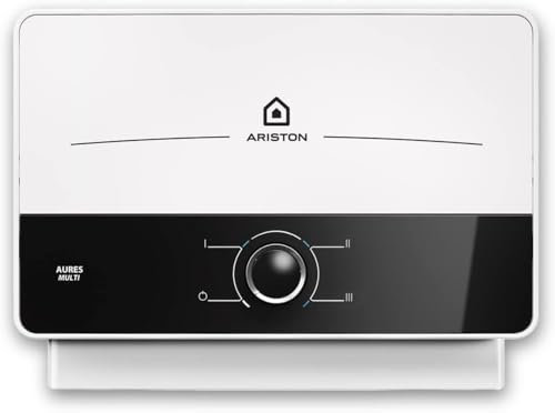 Ariston Aures SM - Termo Eléctrico Vertical Instantáneo, Calentador de Agua Eléctrico Tamaño Reducido, 17,8x30,4x9,8 Fabricado para Instalación en España, Blanco/Negro - Eficiencia A, Rango (A+/F)