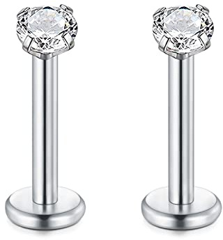 Rajnard 16G in Acciaio Chirurgico Labbro Piercing Stud Argento 8mm cartilagine Tragus Helix Orecchini Piercing Labret con 2mm Zircon Filo Interno Piercing Gioielli per Le Donne Uomini