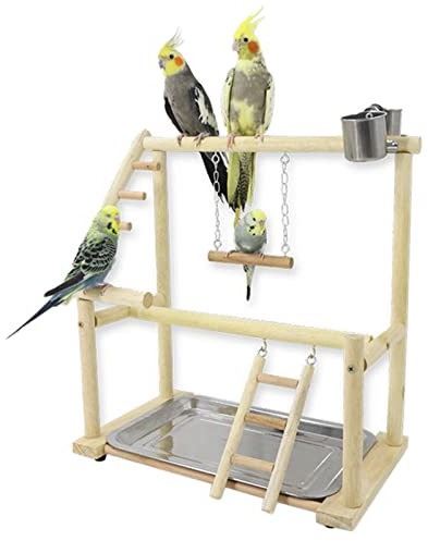 WishesMar Wellensittich Spielplatz Vogel-Spielplatz mit Feeder-Cup Spielzeug Leiter Erklimmen Schaukel und Tablett für Nymphensittich Papageien Wellensittiche, Holz, Größe 40.5x37x23 cm