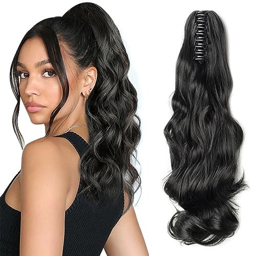 TESS Coleta Postiza Pelo, 45 cm Ondulado Postizos de Pelo Sintetico #1 Schwarz Coleta Extensiones con Pinza para Mujeres