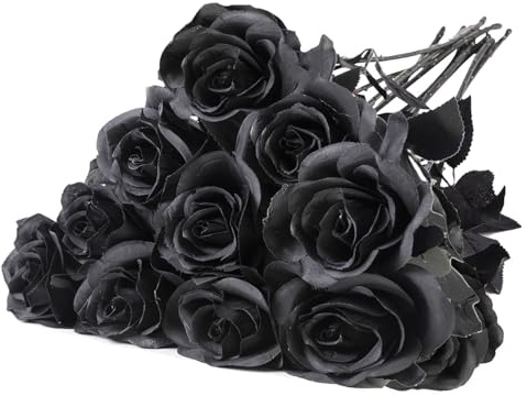 Uhky 10 st konstgjorda rosor silkesblommor falska enkla stjälkar blommande ros brudbuketter för halloween bröllop hem fest dekoration (svart)