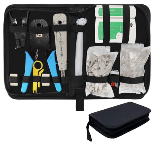 JENABOM 12 in 1 RJ45 RJ12 RJ11 Crimpwerkzeug Set CAT5, CAT6 Netzwerk Werkzeug Set, Crimpwerkzeuge Netzwerktester LAN Kabel Tester, Computer, Wartung, Ethernet Werkzeug Set, Abisolierzange