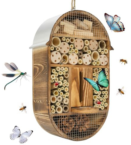 Casa de insectos de madera, para montar en la pared, con cuerda de cáñamo de 30 cm, protección impermeable, para colgar abejas, mariquitas, mariposas