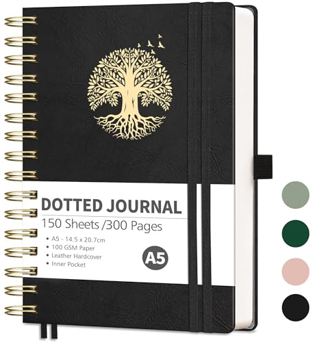 RETTACY Carnet A5 Bullet Dot Journals - Reliure en cuir quadrillé à pois, Carnet à spirales pour 300 pages de notes pour le travail et l'école, papier épais de 100 g/m², marque-page, pochoirs, poche