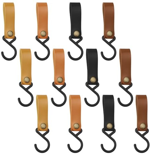 HENGBIRD Lot de 12 crochets de suspension en S avec boucle en cuir, crochets multifonctions pour cuisine garde-robe salle de bain camping poussette
