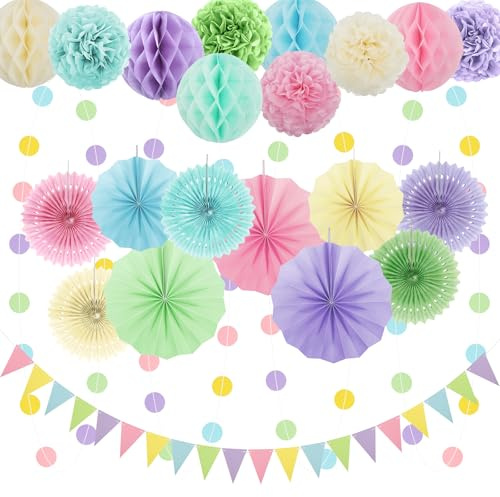 Pastel Party Decorations, 24Pcs Birthday Classroom Baby Shower Decor with Hanging Paper Fans, Pom Poms Flowers Packs for Girls Kids Birthday Rainbow Party, Macaron Carnival Theme Hanging Supplies