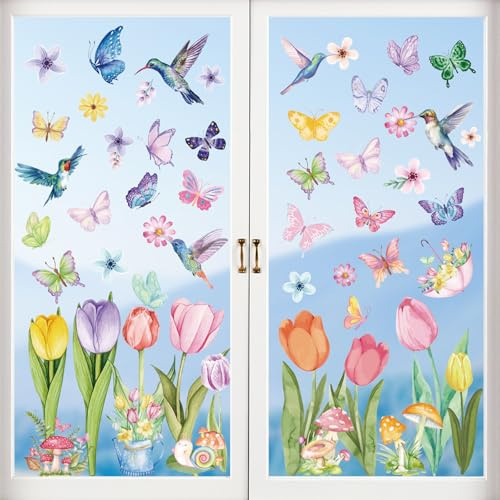 AOWDIAO Spring Window Clings - 83 Pcs Watercolor Flower, Butterfly, Hummingbird, Mushroom, Tulip Glass Stickers - Reusable Double-Sided Window Decor for Home, Office or Classroom