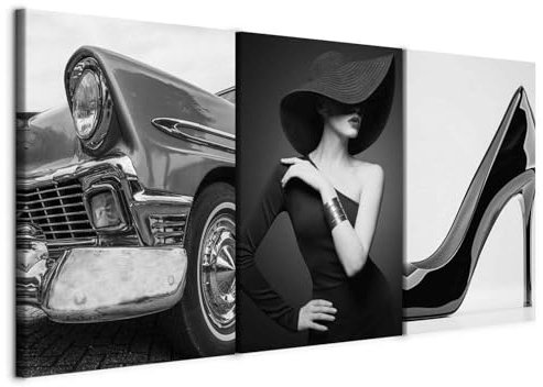 B&D XXL - Tableau triptyque mural Ensemble 180x90 cm (3 pièces de 60x90 cm chacune) – Impression sur toile avec cadre pour salon et - L'élégance parisienne - glamour en noir et blanc h-C-10064-b-a