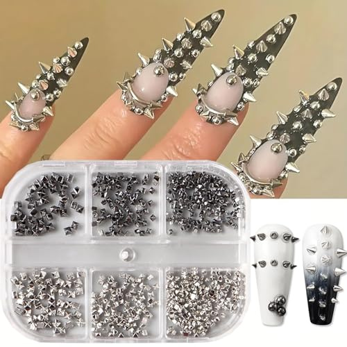 Nitar nagelberlocker, 1 låda 6 fack nagelberlocker silver svart nitar, berlocker naglar nagelkonst med spetssnit, söta och coola koner nitar nagelkonst tillbehör set för flickor kvinnor för