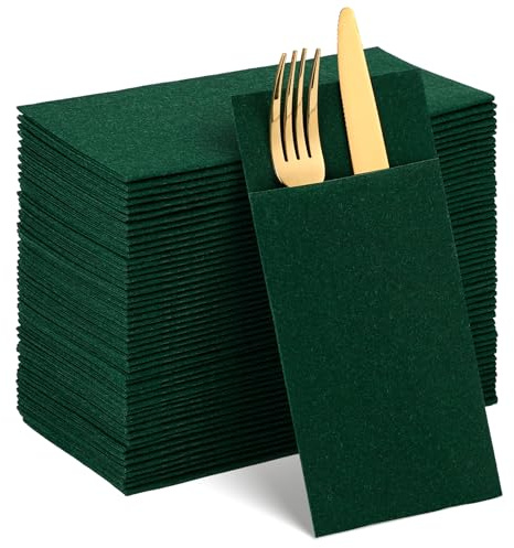 60 Pcs Dark Green Linen-Feel Paper Napkins with Built-in Flatware Pocket | Masters Golf Party Decorations Pocket Linen Napkin Prefolded Cloth Like Paper for Silverware Birthday Reception Wedding Party