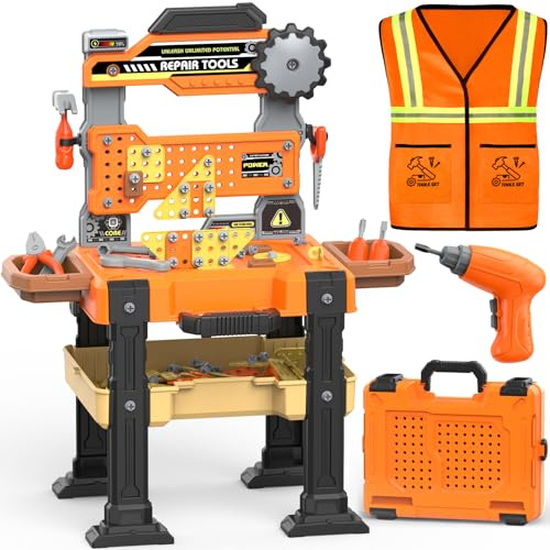 Kids Tool Bench Set with Electric Drill & Vest, Kids Tool Set Toddler Workbench Transformable Kid Tools Box, Toddler Workbench Toy Tools Bench Christmas Birthday Gift for Boys Girls Ages 3-5