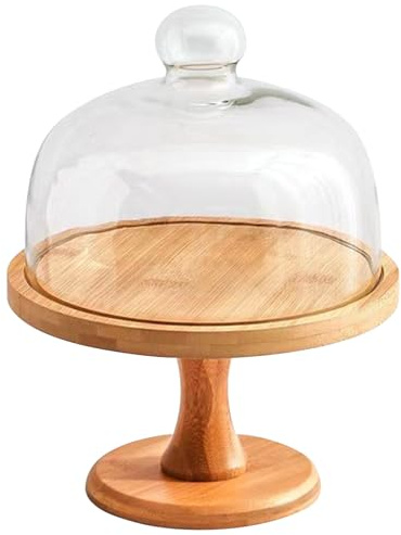 Alzata per torta Alzata per torta in legno da 8 pollici con coperchio in vetro trasparente Cupola staccabile Supporto multifunzionale per esposizione e conservazione di frutta, formaggio, desser