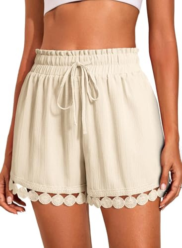 Mnking Pantalones Cortos Mujer Elásticos Cintura Alta Shorts Baño Cordón Verano Cover Up Ligeros y Transpirables Shorts Playa con Ribete Ecaje para Piscina Vcaciones Beige S
