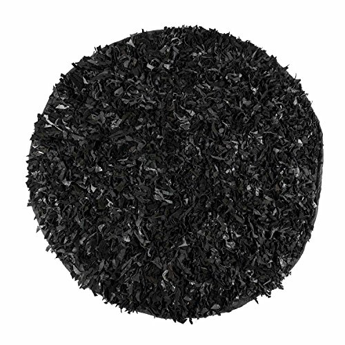 Homescapes runder Lederteppich Dallas (150cm), Fransenteppich aus 100% Echtleder, moderner Shaggy-/Hochflor-Teppich, schwarz