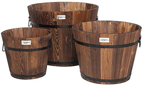 VINGLI 3 PCS Large Wooden Planter Barrel Set, 11.5(Dia)- 18(Dia) Real Wood Indoor/Outdoor Flower Pot w/Drainage Holes, Different Sizes, Large Garden Container Box