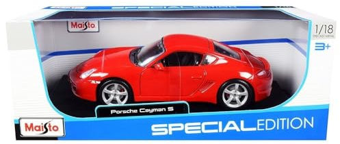 Maisto Porsche Cayman S: Modellauto im Maßstab 1:18, Türen, Motorhaube und Kofferraum beweglich, lenkbar, 24 cm, rot (531122R)