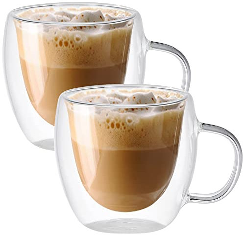 KKPW Lot de 4 tasses à café en verre à double paroi, 150 ml isothermes avec poignée, tasses transparentes pour latte, boissons, cappuccinos, expresso