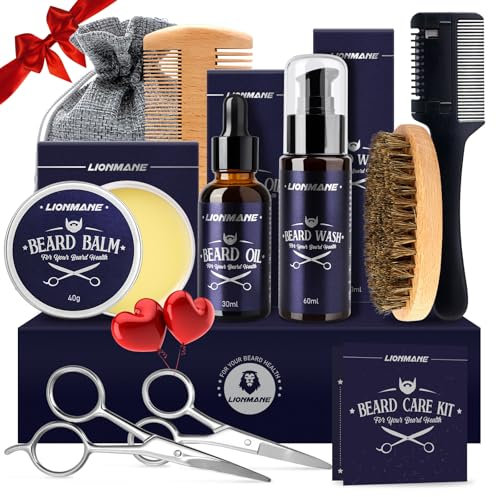 Soin Barbe Homme, Lionmane Coffret Barbe Homme avec Huile a Barbes, Baume, Shampoing, Peigne Rasoir pour Cheveux, Peigne,Brosse,Ciseaux, Sac-Cadeau, Kit de barbe Homme, Cadeau Homme
