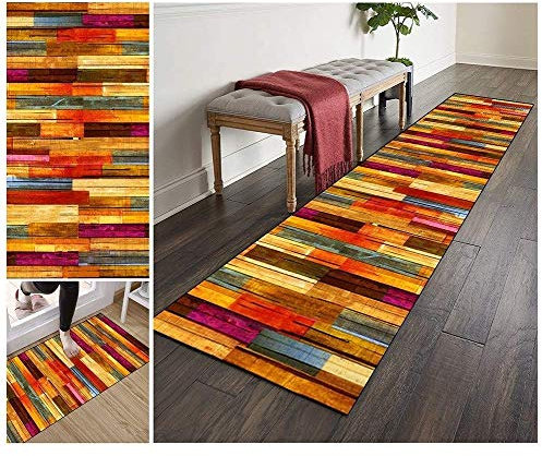 ZVEZVI Teppich Läufer Flur Küche rutschfest Waschbar Holzbrettmuster 50x150cm Bunter Modern rutschfest Waschbar Vintage Kücheläufer Teppichläufer Polyester Meterware Anpassbar