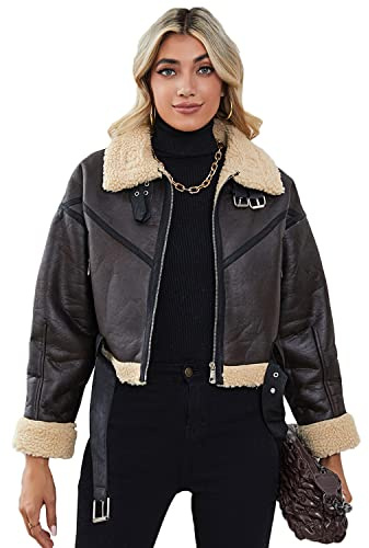 LY VAREY LIN Winter Women Faux Lamb Fur Leather Short Jacket Lapel Zipper Bomber Aviator Coat