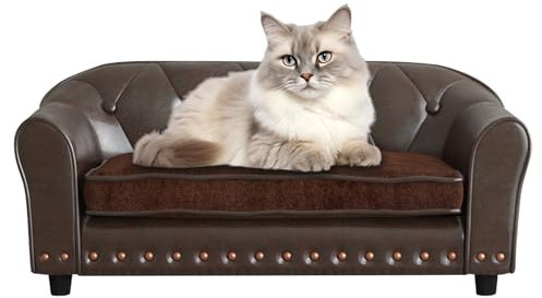 PWTJ Hundesofa und Stuhl/Luxus-PU-Leder-Haustier-Sessel/mit Kupfernagel-Hundesofa/Holzrahmen, Katzen-Sofa-Stuhl/Hundesofa mit Wildlederkissen für kleine Hunde (Braun)