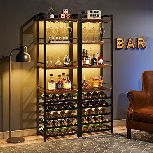 Tribesigns Set di 2 Portabottiglie da Terra, Cantinetta Portabottiglie Scaffale per Vino con Portabicchiere in Legno da 20 Bottiglie, per Enoteca, Cucina, Sala da Pranzo, Marrone Rustico