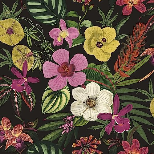 SOPHIE LAURENCE Black Floral Orchid Wallpaper Pink Green Yellow Exotic Tropical Palm Leaves - Stylish, Washable, Strippable - Paste The Paper Feature Wallpaper