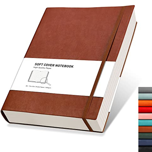 RETTACY B5-anteckningsbok linjerad – tjock dagbok med 320 numrerade sidor, 1 bakficka och högkvalitativt mjukt skydd för kvinnor och män på kontoret eller i skolan, 19 x 25 cm – brun
