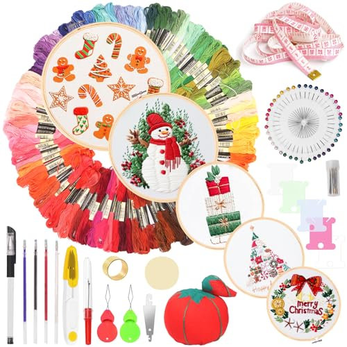Swpeet 212Pcs Stickerei-Kit, Stich-Kits enthalten 100-Farben-Fäden, Aida-Tuch, Nähstifte, Zahnseide-Spulen, Sticknadeln, Bambus-Stickreifen, die Schale eines Stifts mit löschbarer Nachfüllung