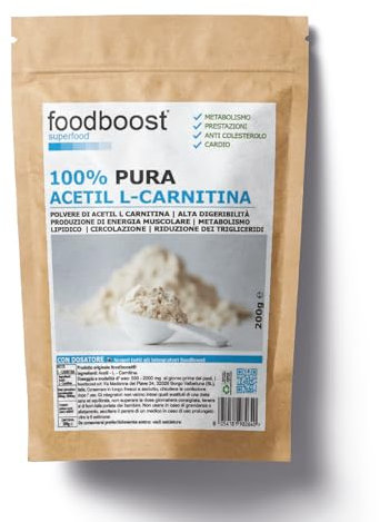 foodboost, Acetil L - Carnitina pura in polvere 200g senza additivi - con dosatore - per dimagrimento, bruciagrassi marchio di fiducia italiano, pre workout - 100 DOSI