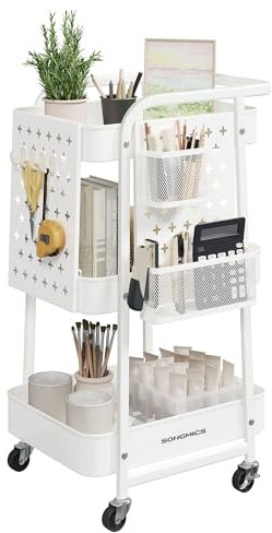 SONGMICS Rollwagen, Küchenwagen, 3 Metallgitterablagen, Servierwagen, 2 abnehmbare Lochplatten, 2 Hängekörbe, 4 Haken, für Büro, Küche, Wohnzimmer, Badezimmer, wolkenweiß LRC037W01