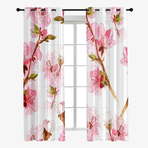 Surwin Translucidas Cortinas Salon, Dormitorio, Cocina - 3D Cortinas y Visillos Estampadas de Flor, Visillos Cortos para Ventanas, 2 Piezas Cortina con Ojales (80x115cm,Flor de melocotón)