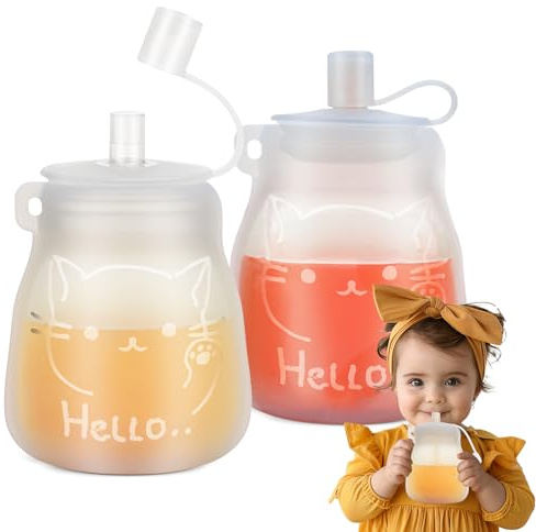 btrfe Återanvändbara barnmatspåsar, klämpåsar för småbarn, BPA-fri silikon påfyllningsbara påsar för barnmat, puréer, juicer, smoothies och yoghurt, 2-pack, 180 ml, 6 m +