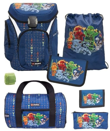 Familando - Schulranzen Set 7-teilig mit Sporttasche - Ninjago Blau - Ergonomisch, stabil & mit gepolstertem Rücken - 1250g leicht mit 16L Volumen - wasserabweisend und mit Reflektoren - Ab 1. Klasse