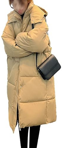 DGKaxiyaHM Women's Full-Zip Hooded Long Quilted Coat Heavyweight Fashion Puffer Jacket Casual Loose Fit Thicken Outerwear (Khaki,M)