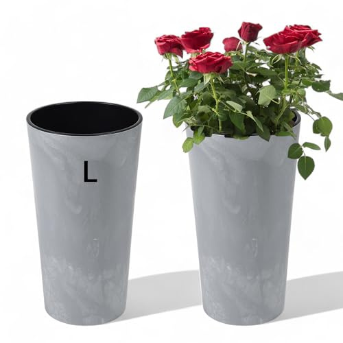 MELTOM Blumenkübel Rund Betoneffekt mit Herausnehmbaren Einsatz Blumentopf Pflankübel (Grau, L - 47 cm)
