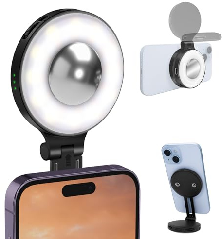 REYGEAK Mobile Phone LED Video Light Magnetiskt selfie-ljus för iPhone 16/iPhone 15/14/13/12, telefonljus med spegel, omedelbar fastsättning för MagSafe, för selfies, videokonferenser (svart)