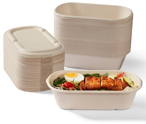 [100% Eco-Friendly] 34 oz Disposable Food Containers with Lids – Sugarcane Pulp Take Out Containers, Biodegradable Lunch Box, Compostable and Microwave Safe To-Go Boxes for Meal Prep – Pack of 50
