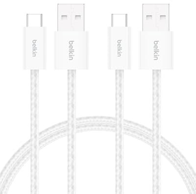 Belkin 2er-Pack geflochtenes USB-A auf USB-C Ladekabel, 1,5 m, 15W, biegsames, flexibles Schnellladekabel, USB-C kabel für iPhone 17 und 16, Galaxy S25, Pixel 10, iPad Pro usw. – Weiß