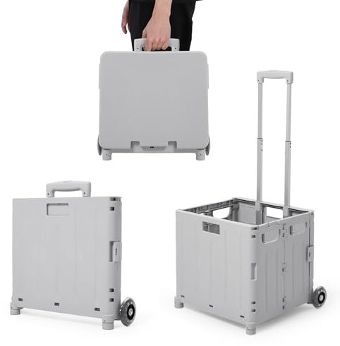 The Fellie 65L Foldable Shopping Trolley with Lid, Boot Cart with Wheels & Telescopic Aluminium Handle, 45KG Capacity Portable Collapsible Utility Trolley Box for Shopping Storage Travel, Grey