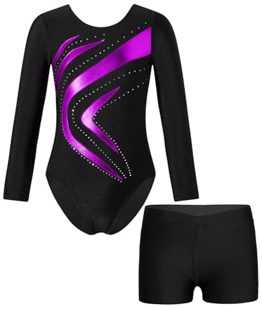 Monduelle Gymnastikdräkt för flickor, långärmad gymnastikdräkt med shorts, metallisk balettdräkt, balettröja, trikå, för tävling, dansdräkt