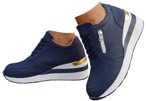 Xbemkste Scarpe da donna con zeppa, con plateau, sportive, con cerniera, traspiranti, da ginnastica, da corsa, comode, Blu, 37 EU