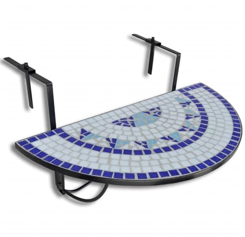 Gecheer Tavolo sospeso da balcone, blu e bianco con mosaico, design unico, per esterni