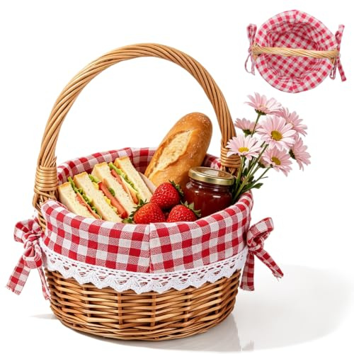 Tofficu Handwoven Round Wicker Flower Basket with Handles Natural Color Red Check Lining Handcrafted Storage Basket for Easter, Wedding, Picnic, and Party Favors