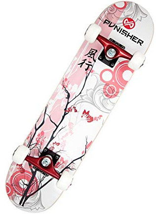 Punisher Complete Skateboard for Beginners 31.5 x 7.75 Skate Board for Girls Adults Kids Teens with 7 Layers Canadian Maple Double Kick Concave Deck & ABEC-7 High Speed Bearings (Cherry Blossom)