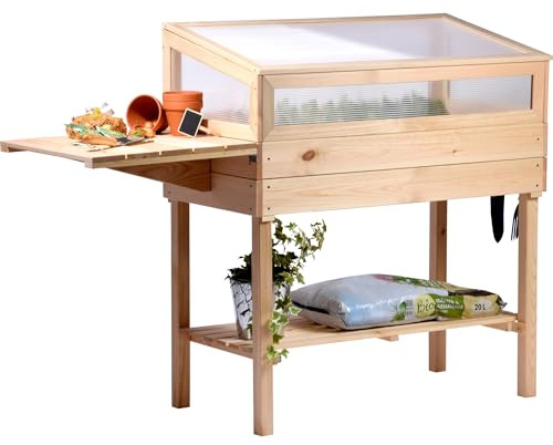 dobar® 58395e erhöhtes Frühbeet aus Massivholz Gr. L | Hochbeet mit Frühbeetaufsatz | Frühbeetkasten mit Ablagefläche & ausklappbarem Tisch | Pflanzkasten mit Gewächshaus | 150 x 50 x 107 cm | Natur