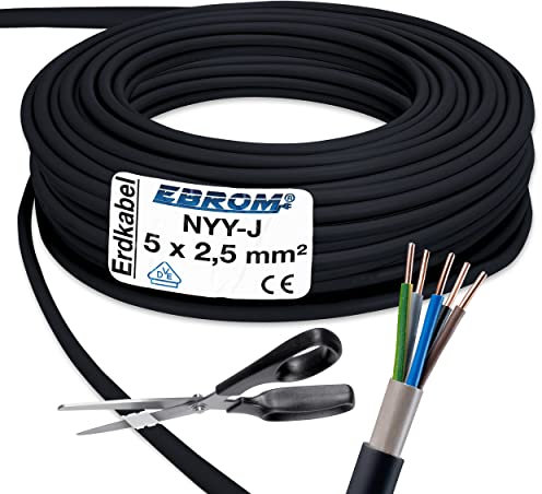 EBROM Erdkabel NYY-J 5x2,5 mm² - Starkstromkabel - PVC Erdleitung - schwarz - Meterware auf den Meter genau - Auswahl in 1 Meter Schritten, viele Längen - NYY-J 5x2,5 mm2 - Ihre Länge: 50 Meter