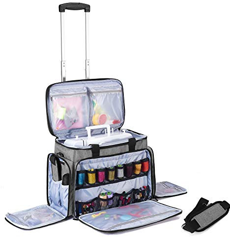 Luxja Nähmaschinentasche mit abnehmbarem Trolley, Rollende Nähmaschinentasche mit abnehmbarem Bodenpolster (passend für die meisten Standardnähmaschinen), Patentiertes Design, Grau