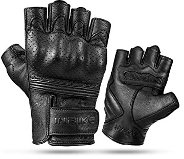 INBIKE Fingerless Motorcycle Gloves Summer Breathable Goatskin Leather Wear Resistant Hard Knuckle Black Large
