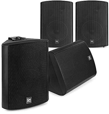 Power Dynamics Wall Mounted Speaker System, Active Bluetooth Amplified Stereo Audio Set with 4x Black 5.25 Speakers for Restaurant, Shop & Office Background Music Installation